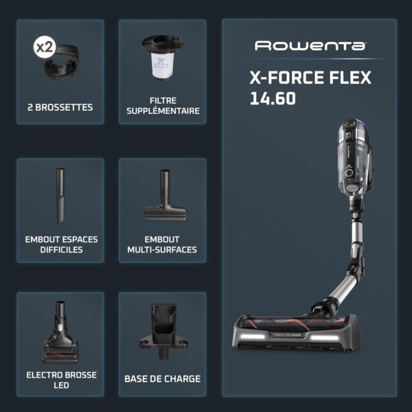 Rowenta X-Force Flex 14.60, Aspirateur balai sans fil, Puissant 550W, Autonomie 70min, Tube flexible, Accessoires pour Voiture et Poils d’animaux RH9958WA – Image 5