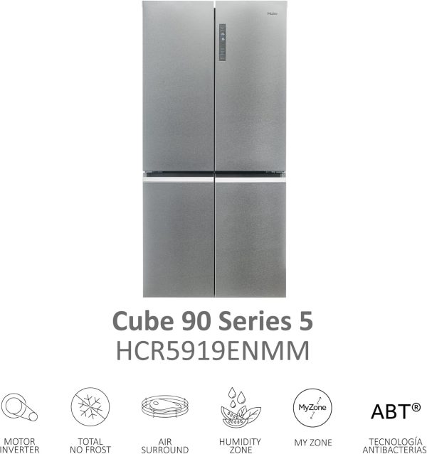 Haier HCR5919ENMM Réfrigérateur Multi-Portes Cube 90 Série 5-4 Portes, Total No Frost, MyZone, Humidity Zone, Compresseur Inverter, LED, 908x748x1905 mm, Classe E, New Platinum Inox [Classe énergétique E] – Image 5