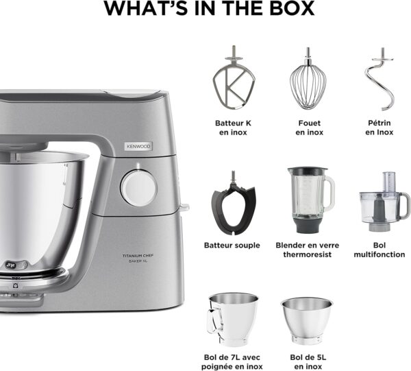 Kenwood Titanium Chef Baker XL, Robot Pâtissier avec Batteur K, Crochet Pétrisseur, Fouet et Bol de 7 Litres, KVL85.424SI, 1200W, Argent – Image 7